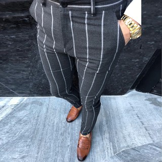 [BGK] Fashion Men Casual Business Slim Fit Striped Print Zipper Long Pants Trousers (8)