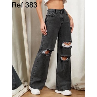 627 Calça Jeans Wide Leg Jeans Pantalona Preta Destroyed Estilosa Moda Gringa