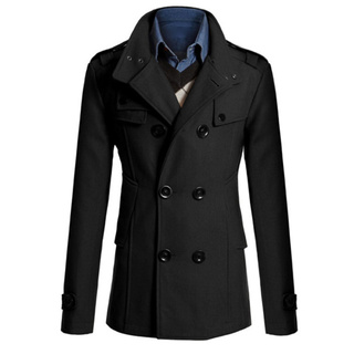 Yar_Men Long Sleeve Lapel Collar Double-breasted Pockets Woolen Slim Trench Coat (8)