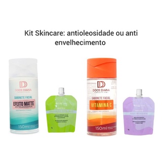Kit cuidado facial antioleosidade ou anti envelhecimento: Sabonete líquido 150ml e creme hidratante 50g - Doce Diana/Max love