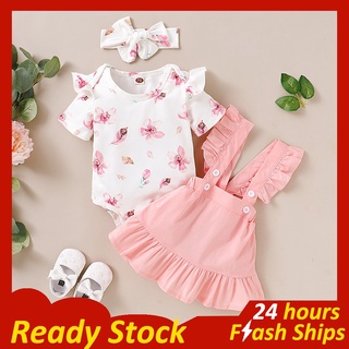 Roupas de bebê menina com macacão estampado de flores e saia suspensa e faixa de cabeça rosa 1-2 anos