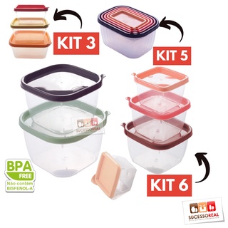 Kit Pote Plástico Retangular com Tampas Coloridas Conjunto 6 , 5 ou 3 potes Conect Plasútil