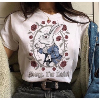 Camiseta Alice no pais das maravilhas coelho branca estampada Unissex Poliéster