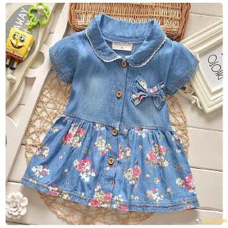 Fashion Baby Girl Short Sleeve Flower Printed Button Down Demin Dress (1)