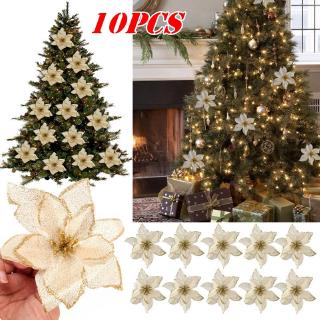 10 Pçs Flor Artificial Para Decoração De Árvore De Natal / Flor Falsa / Glitter / Decoração De Natal