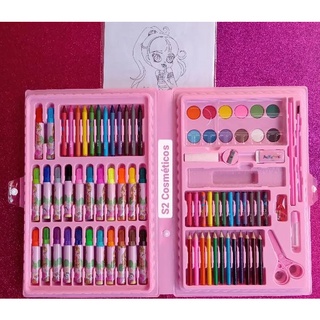 Estojo Maleta Kit Pintura Infantil Canetinhas Giz Lápis Cores + Desenhos Para Colorir 86 Peças Original Alta Qualidade (3)