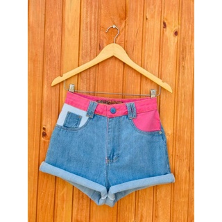 Short Jeans Feminino Cintura Alta Hot Pants Bicolor Colorido Shorts Lançamento Tendência Moda Verão (1)
