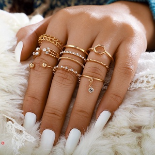 Conjunto Anel De Diamante Geométrico Em Ouro 8 Pçs | 8pcs Diamond Ring Set Personalized Fashion Geometric Gold Rings Joint Tail Ring