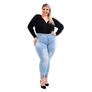 Calça jeans Moda Plus Size Feminina Barra Floral Clara/ Calça modeladora