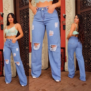 Calça Jeans Feminina Azul Wide Leg Destroyed Pantalona Tendencia 2022