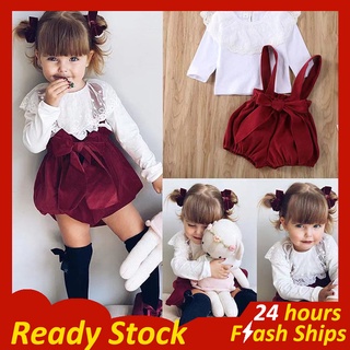 Bebê Roupas 1 a 2 anos De Menina Vermelho Com Arco Crianças Traje Terno Com Rendas Tripulação Pescoço E Suspensórios Pant Outfit 2 Ps (2)