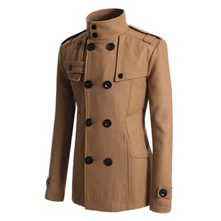 Yar_Men Long Sleeve Lapel Collar Double-breasted Pockets Woolen Slim Trench Coat (6)