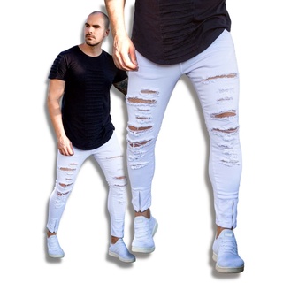 Calça Masculina Jeans Skinny bAllAd Com Lycra Branca Ziper