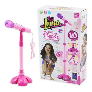 Brinquedo Microfone Karaokê infantil Som Luz Conecta Celular pedestal Luna