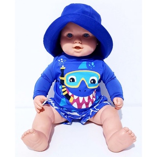 Conjunto Bebe menino proteção UV 50+ camiseta e sunga chapéu de 6 meses a 24 meses (1)