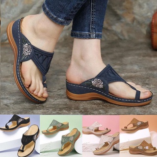 Summer Fashion Women's Shoes 2020 New Wedge Heel Light Casual Flowers Color Matching Flip Flops Plus Size