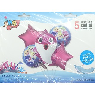 Kit 1 Balão Baby Shark + 2 Redondo + 2 Estrelas Rosa