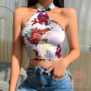 Mu - Camiseta Feminina Com Nó Irregular Estilo Chinês