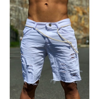 Bermuda Masculina Jeans Rasgada Destroyed com cinto sisal moda verão moda masculina