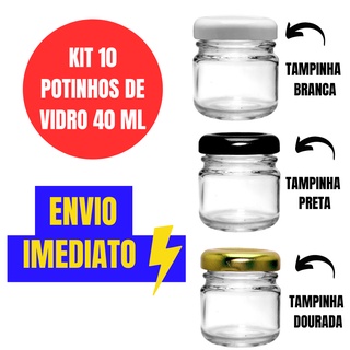 Kit 10 Potinhos Vidro Redondo 40ml - Tampa dourada / preta ou branca - Tempero Vela Doce Mel Brigadeiro Lembrancinha Geleia.