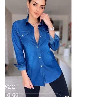 Camisa Jeans Feminina com Bolsos Modelo Importado Liso