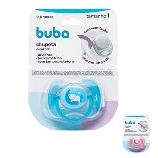 Chupeta Fase 1 Comfort Ursinho Infantil 0-6 meses Azul Rosa com Tampa Buba