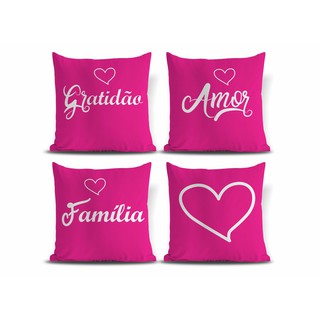 Kit 4 capas de almofada decorativa 40x40cm Gratidão - Familia - Amor - Pink
