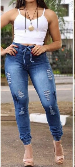 Calça Jeans Feminina Rasgada Confortável com Elástico na Cintura Modela bem o Corpo 2 Bolsos Traseiros Punho na Barra (1)