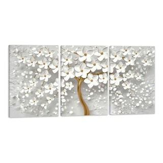 Conjunto de Quadro 60x120cm Flores Cerejeiras Brancas Dourada Decorativo 4k Move = 756