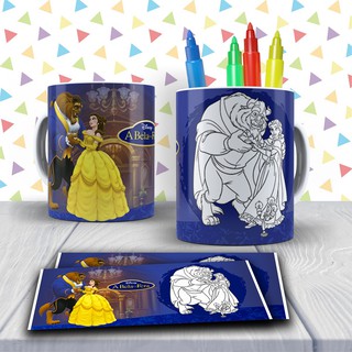 Caneca A Bela & A Fera Polímero Para Colorir Personalizada Princesas Disney A Bela & A Fera + 6 CANETINHAS LAVÁVEIS