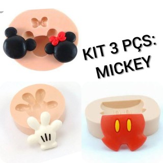 kit 3 pçs molde de silicone Mickey (1 luva/1short e 1 silhueta do rosto do Mickey). Tam. P