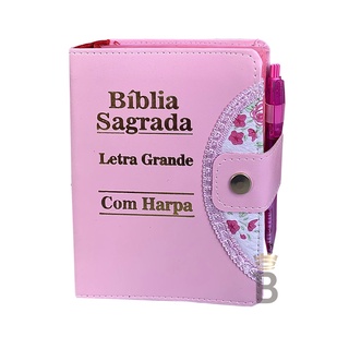 Bíblia Sagrada Letra Grande Mulher - Rosa - Botão e Caneta Revista e Corrigida - Com Harpa