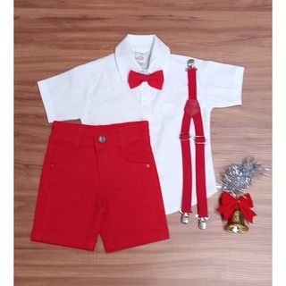 Roupa Menino Infantil Comemoração De Natal Camisa Manga Curta Branco Bordado Branco Bermuda Color Vermelho Suspensório e Gravata Vermelho
