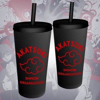 Copo Naruto Akatsuki Shinobi Organization Com Tampa e Canudo Personalizado Preto Vermelho Branco 600 ml