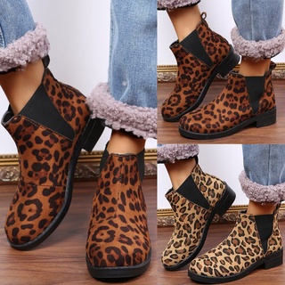 Moda Botas Baixas De Leopardo De Couro Sapatos De Salto Curto Das Mulheres Imprimir Retro De Inverno