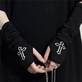Punk EMO Style Streetwear Women Wrist Arm Warmer Knitted Long Fingerless Gloves Black Mitten Halloween Cross Gloves Dark Moon (3)