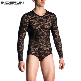 INCERUN Men Sexy Lace See Through Long Sleeve Round Neck Slim Fit Jumpsuit