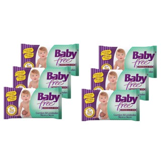 Kit com 6 Lenços Umedecidos Baby Free Toalha Umedecida 6 Pacotes com 50 unidades (Total: 300 lenços)Qualybless