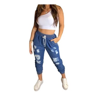 Calça Feminina Jogger Jeans Destroyed Rasgada Cintura Alta Blogueira TOP (8)