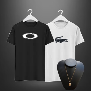 Roupa Masculina Kit Com 02 Camisetas Lacoste e Oakley + Corrente de Brinde Com Pingente