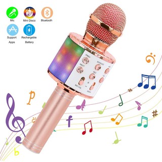 Microfone de karaokê sem fio Bluetooth e alto-falante portátil portátil KTV player doméstico com função de gravação de luzes LED dançantes para crianças (1)