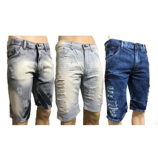 Bermuda Masculina Jeans Rasgada Linha Premium Padrão Shopping