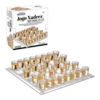Jogo Shot Drink Xadrez Tabuleiro De Vidro Tequila 25x25cm