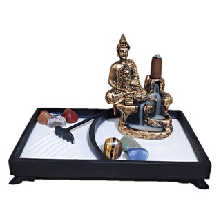 Kit Jardim Zen Retangular Incensario Buda Hindu Meditando em Resina E Pedras 7 Chakras