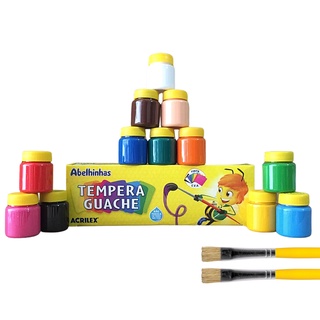 Tinta Guache 12 cores Acrilex com 02 pinceis para Atividades Pinturas Escolar Crianças Artes Artesanato