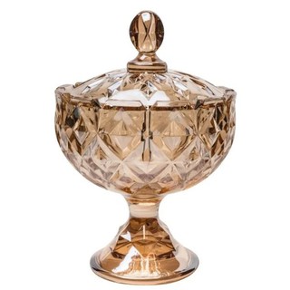Bomboniere Decorativo com Pé e Tampa de Cristal Crown Âmbar Dourada 9x14cm Potiche Wolff ‎26388 (2)