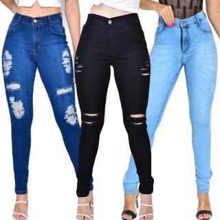 Kit 3 Calça Jeans Feminina Skinny Cós Alto Levanta Bumbum com Lycra