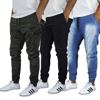 Kit 3 Calças Jogger Jeans e Sarja Masculina Com LYCRA Preta Jeans Camuflado Com Elástico e Cordão (1)