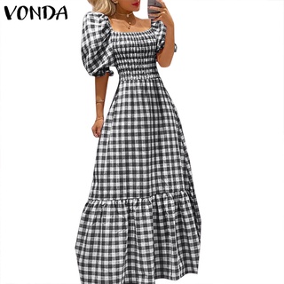 Vonda Vintage Long Short Sleeve Square Neck Plaid Dress (1)