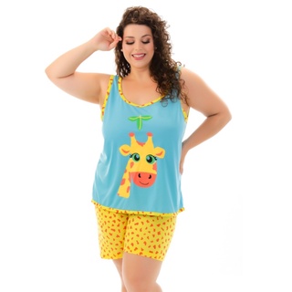 Baby Doll Plus Size Feminino Girafa Regata Pijama Curto Verão Barato